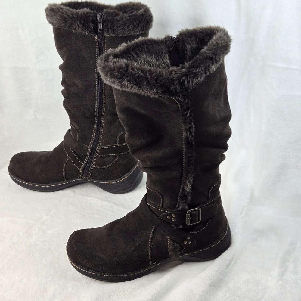 BareTraps Emalyn Brown Suede Faux Fur Trim Mid Calf Boots Size 8M BT-F1210191